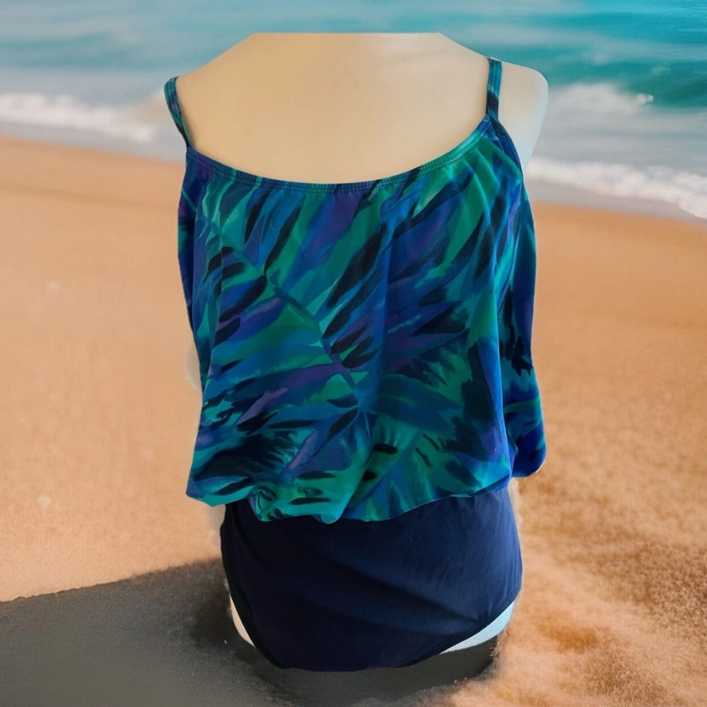 NWOT INCHES AWAY One Piece Swimsuit Blouson Top Tummy Control Blue Green Sz 14